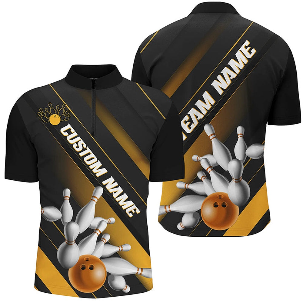 Custom Bowling Polo Shirts, Black And Gold Custom Bowling Team Shirts For Men And Women, Bowling Ball And Pins Shirt