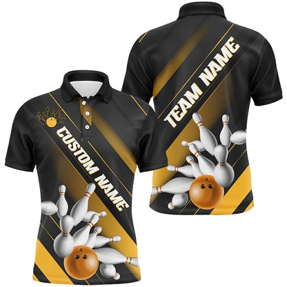 Custom Bowling Polo Shirts, Black And Gold Custom Bowling Team Shirts For Men And Women, Bowling Ball And Pins Shirt