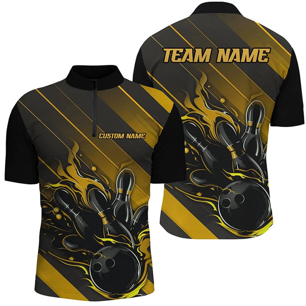 Custom Bowling Polo Shirts, Black And Gold Custom Bowling Team Shirts For Men And Women, Bowling Tournament Jerseys
