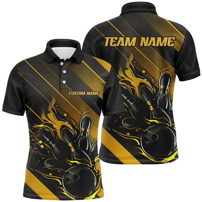 Custom Bowling Polo Shirts, Black And Gold Custom Bowling Team Shirts For Men And Women, Bowling Tournament Jerseys