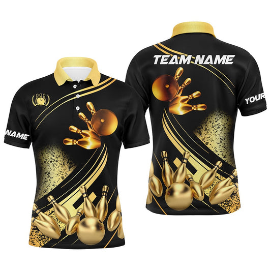 Custom Bowling Polo Shirts, Black And Gold Mens Bowling Polo Shirts Custom Bowling Apparel Team Bowling Jerseys