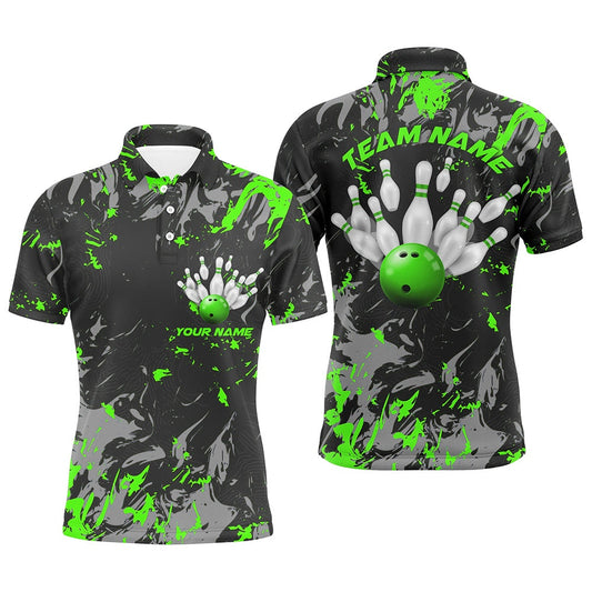 Custom Bowling Polo Shirts, Black And Green Camo Bowling Team Shirts Custom Men Polo Shirts Bowling League Shirts