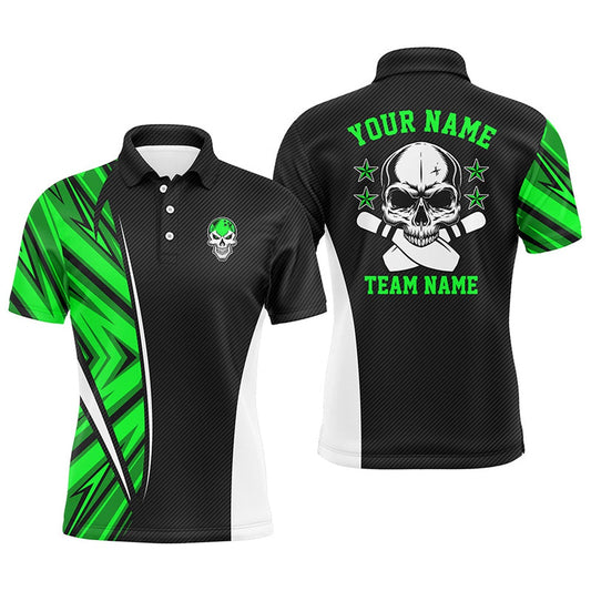 Custom Bowling Polo Shirts, Black And Green Camo Custom Camo Bowling Polo Shirts For Men, Team Skull Bowling Jerseys