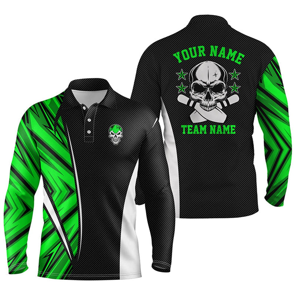 Custom Bowling Polo Shirts, Black And Green Camo Custom Camo Bowling Polo Shirts For Men, Team Skull Bowling Jerseys