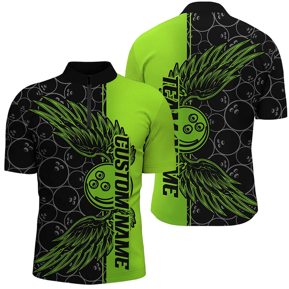 Custom Bowling Polo Shirts, Black And Green Custom Unisex Bowling Tournament Team Shirts, Bowling Ball And Wings Jerseys