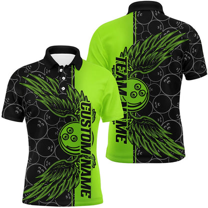 Custom Bowling Polo Shirts, Black And Green Custom Unisex Bowling Tournament Team Shirts, Bowling Ball And Wings Jerseys