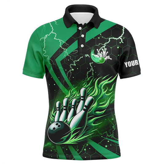 Custom Bowling Polo Shirts, Black And Green Flame Bowling Custom Men Bowling Polo Shirts, Team Bowling Jerseys, Bowl Gifts