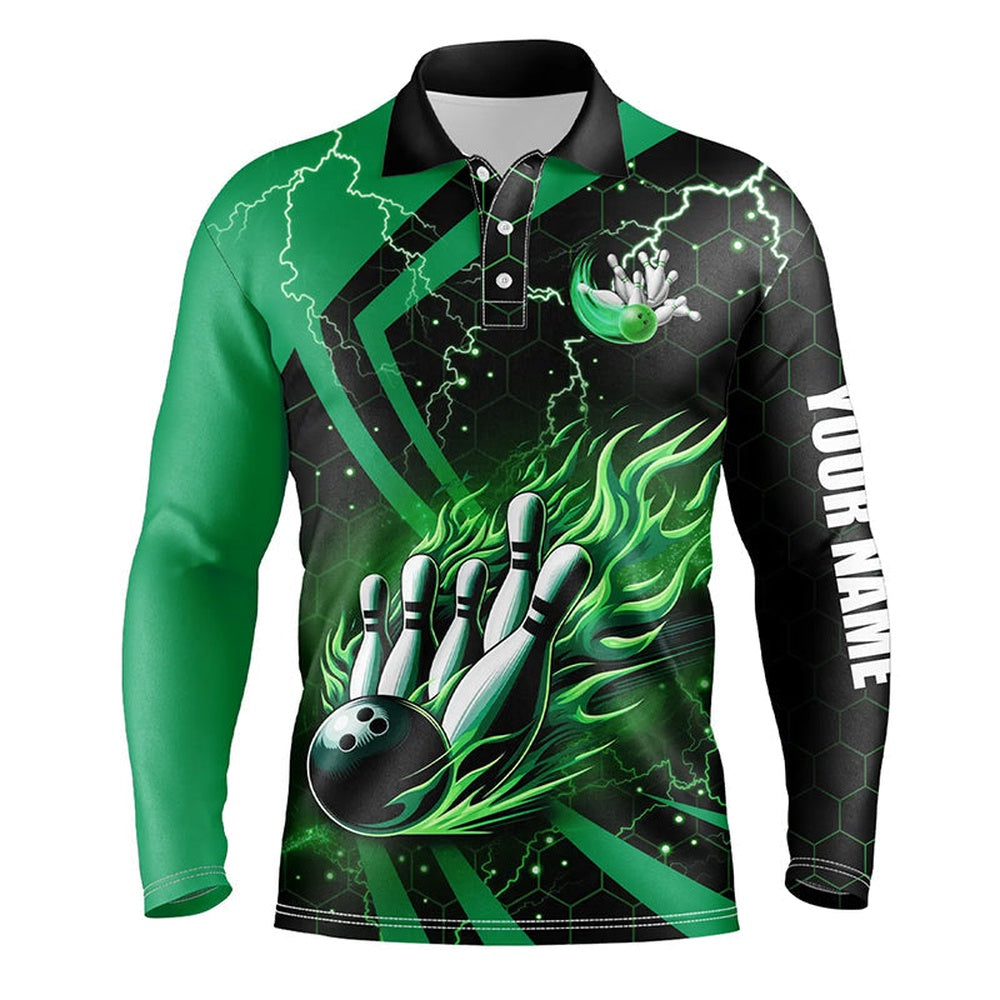 Custom Bowling Polo Shirts, Black And Green Flame Bowling Custom Men Bowling Polo Shirts, Team Bowling Jerseys, Bowl Gifts