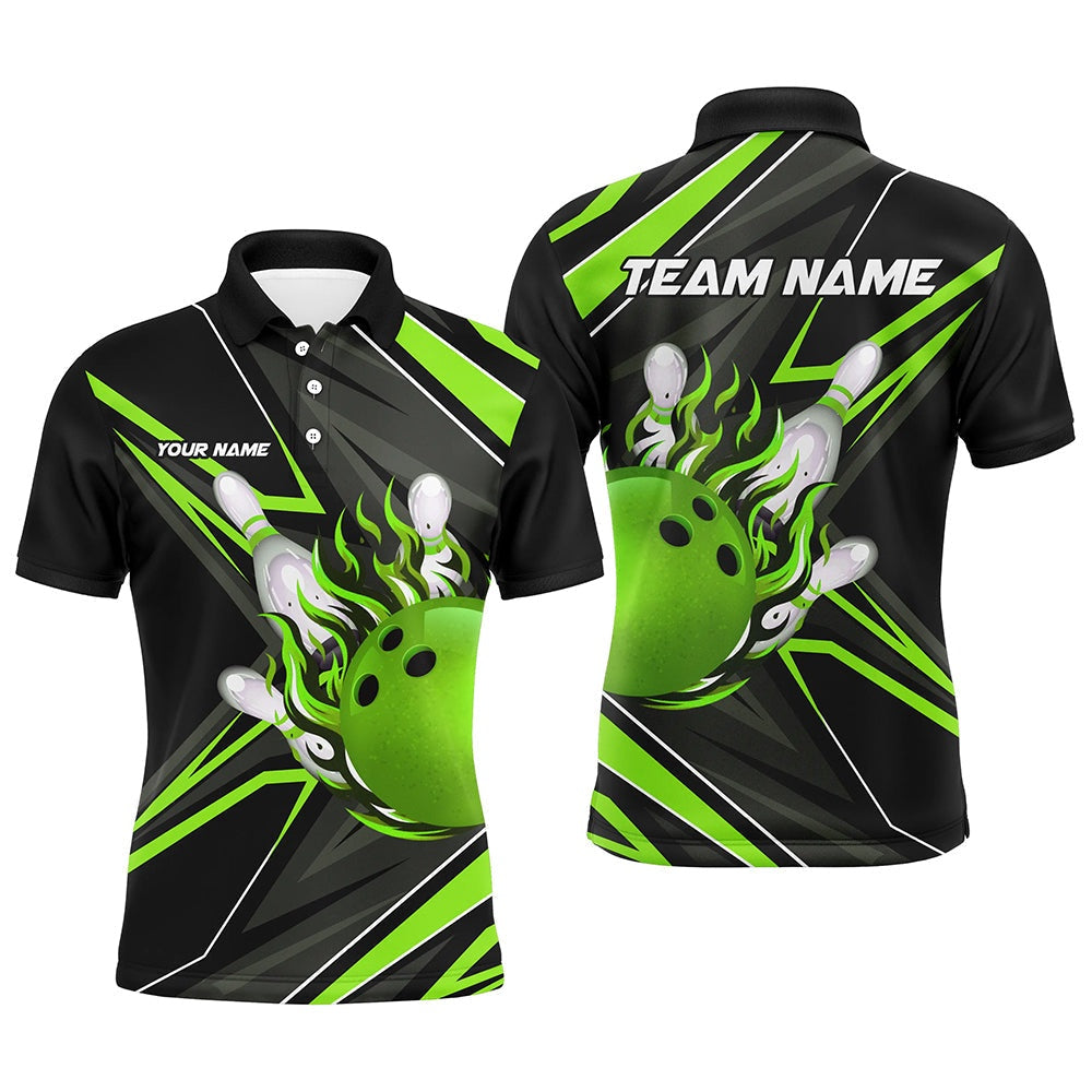 Custom Bowling Polo Shirts, Black And Green Men Bowling Polo Shirt Custom Bowling Ball Pins Flame Bowling Jerseys For Bowler