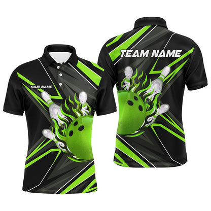 Custom Bowling Polo Shirts, Black And Green Men Bowling Polo Shirt Custom Bowling Ball Pins Flame Bowling Jerseys For Bowler
