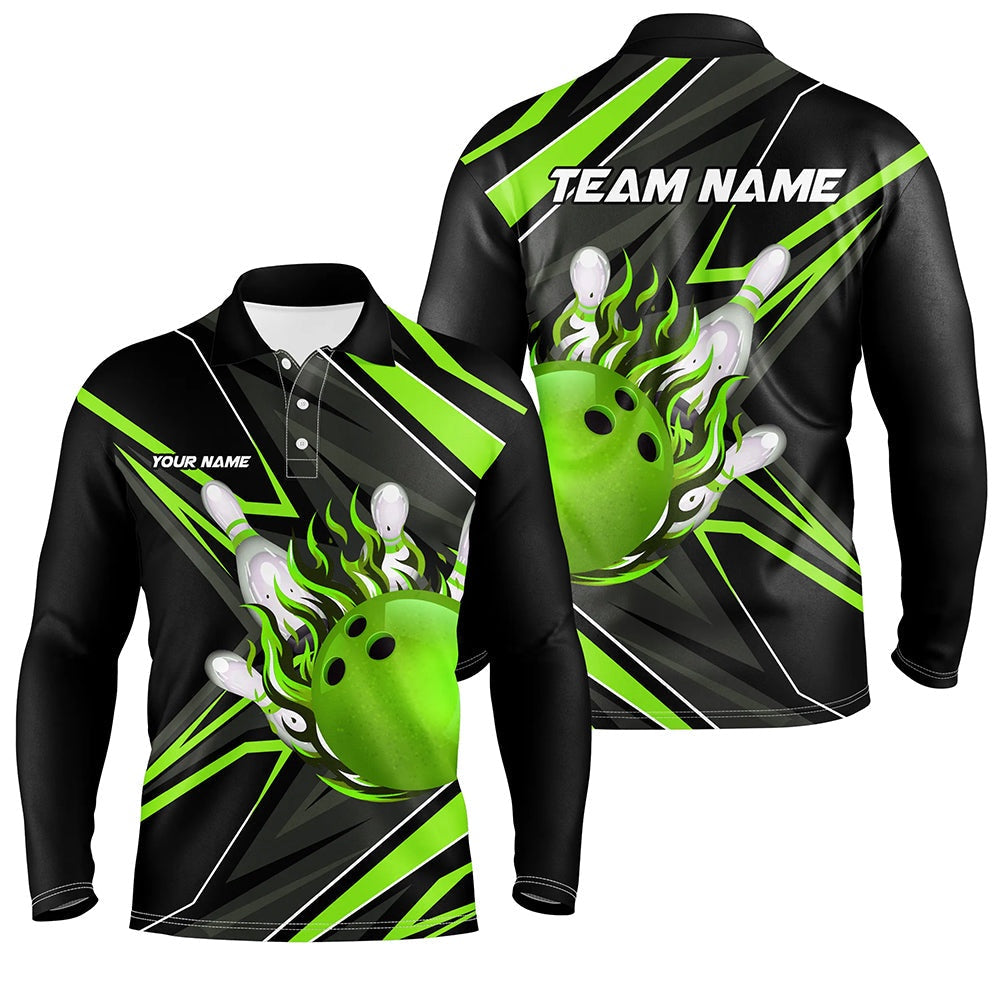 Custom Bowling Polo Shirts, Black And Green Men Bowling Polo Shirt Custom Bowling Ball Pins Flame Bowling Jerseys For Bowler