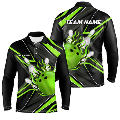 Custom Bowling Polo Shirts, Black And Green Men Bowling Polo Shirt Custom Bowling Ball Pins Flame Bowling Jerseys For Bowler