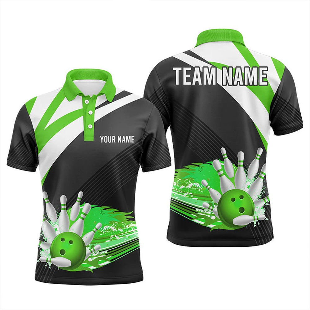 Custom Bowling Polo Shirts, Black And Green Men Bowling Polo Shirt Custom Flame Bowling Ball Fire Team Bowler Jersey