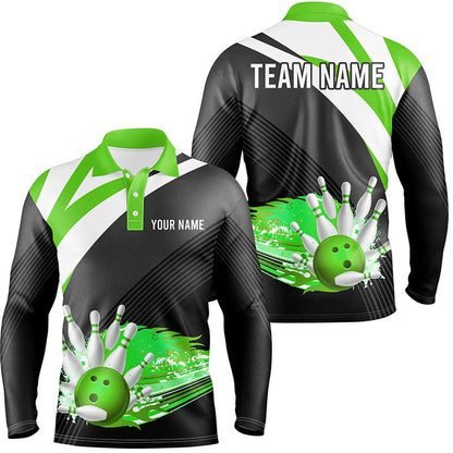Custom Bowling Polo Shirts, Black And Green Men Bowling Polo Shirt Custom Flame Bowling Ball Fire Team Bowler Jersey