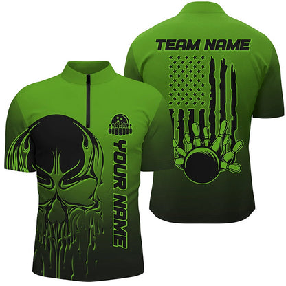 Custom Bowling Polo Shirts, Black And Green Skull Custom Unisex Bowling Team Shirts, American Flag Patriotic Bowling Outfits