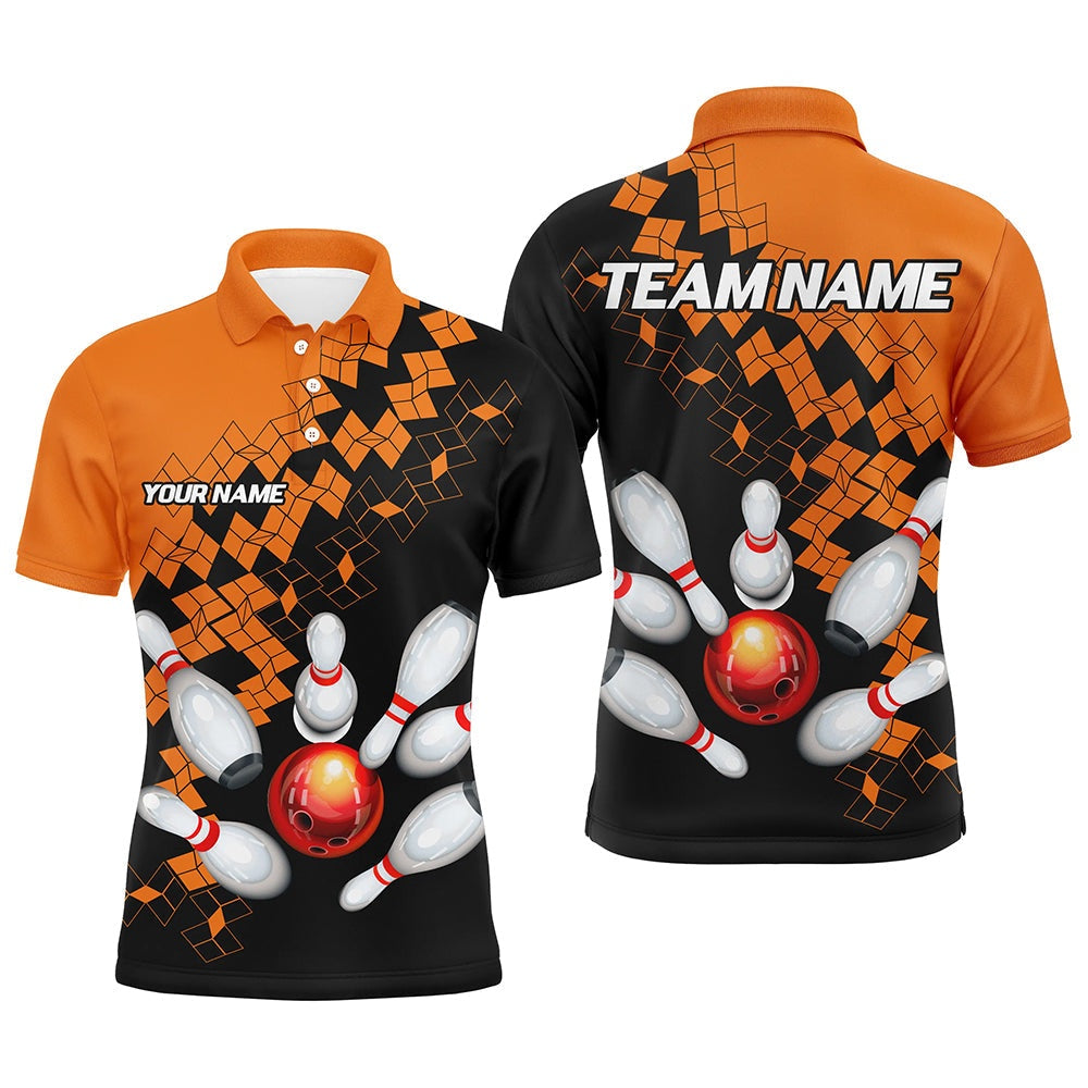 Custom Bowling Polo Shirts, Black And Orange Bowling Jerseys Polo, Zip Shirt For Men Custom Bowling Team Shirts For Bowlers