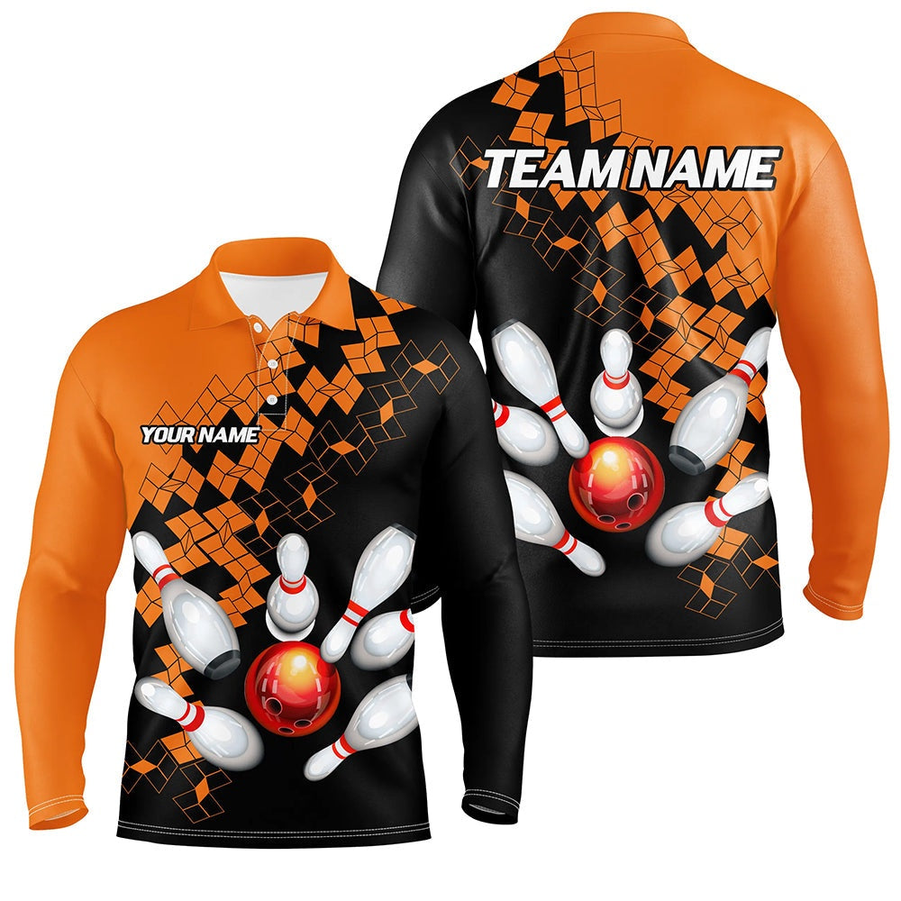 Custom Bowling Polo Shirts, Black And Orange Bowling Jerseys Polo, Zip Shirt For Men Custom Bowling Team Shirts For Bowlers