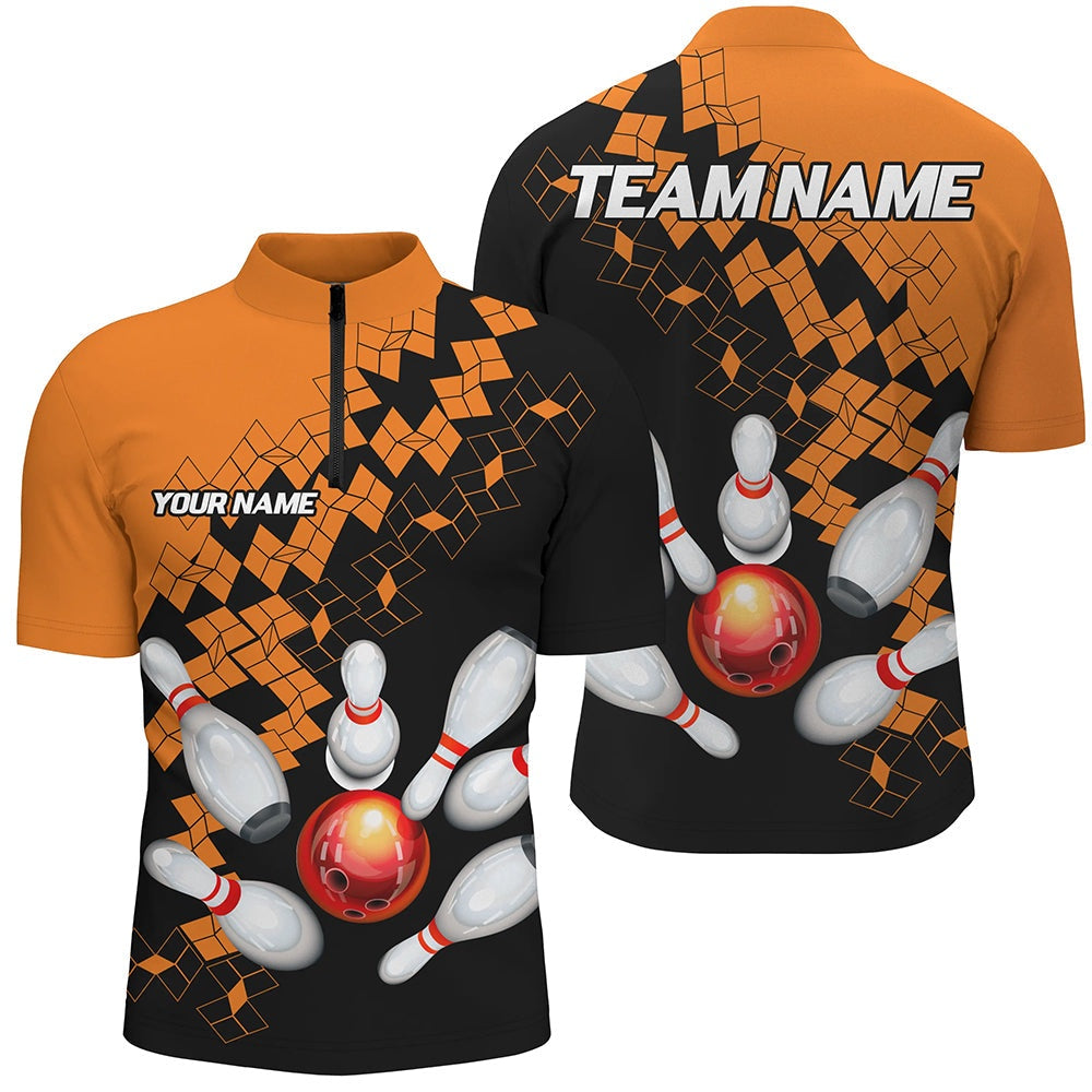 Custom Bowling Polo Shirts, Black And Orange Bowling Jerseys Polo, Zip Shirt For Men Custom Bowling Team Shirts For Bowlers