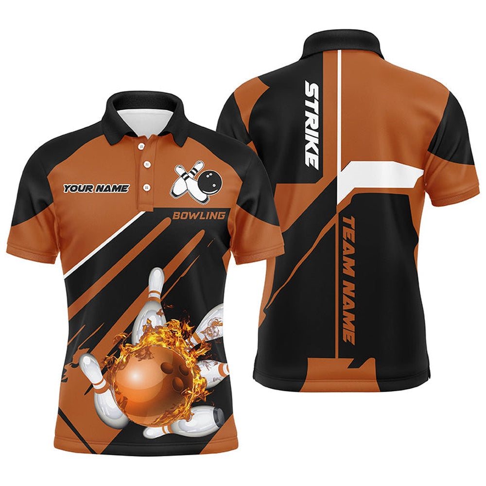 Custom Bowling Polo Shirts, Black And Orange Bowling Polo Shirt For Men Custom Flame Bowling Ball And Pins Polo Uniform Shirts