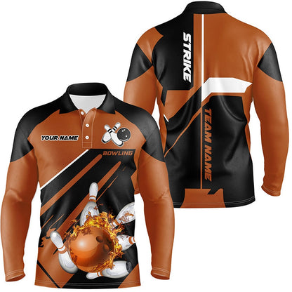 Custom Bowling Polo Shirts, Black And Orange Bowling Polo Shirt For Men Custom Flame Bowling Ball And Pins Polo Uniform Shirts