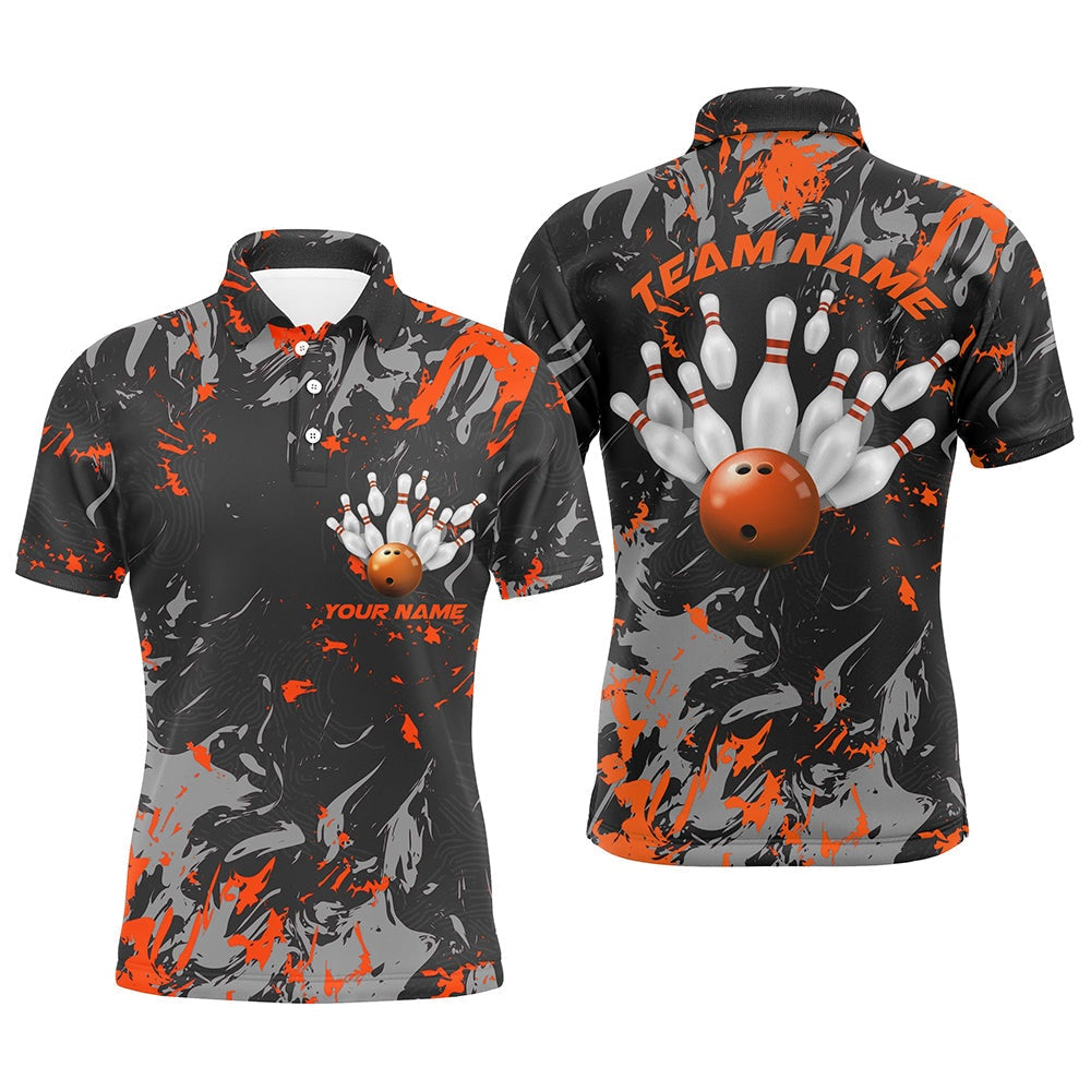 Custom Bowling Polo Shirts, Black And Orange Camo Bowling Team Shirts Custom Men Polo Shirts Bowling League Shirts
