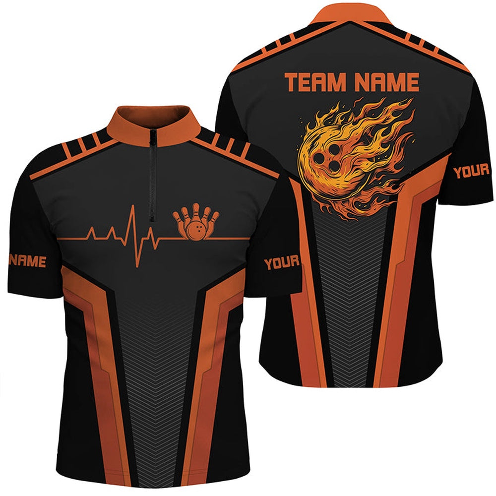 Custom Bowling Polo Shirts, Black And Orange Flame Bowling Shirts For Men Custom Bowling Ball Pins Heartbeat Team Bowling Shirts