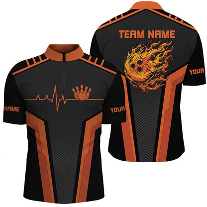 Custom Bowling Polo Shirts, Black And Orange Flame Bowling Shirts For Men Custom Bowling Ball Pins Heartbeat Team Bowling Shirts
