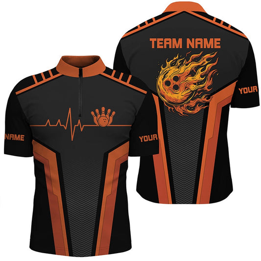 Custom Bowling Polo Shirts, Black And Orange Flame Bowling Shirts For Men Custom Bowling Ball Pins Heartbeat Team Bowling Shirts