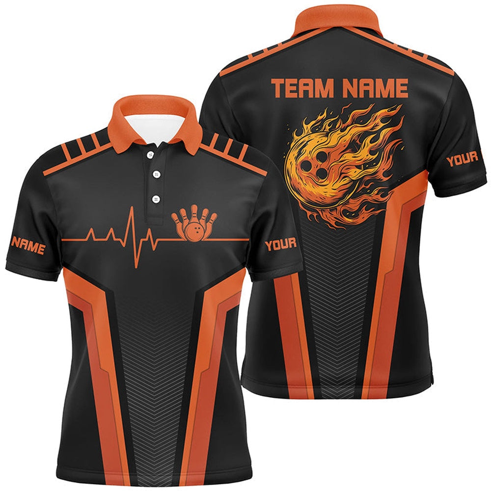 Custom Bowling Polo Shirts, Black And Orange Flame Bowling Shirts For Men Custom Bowling Ball Pins Heartbeat Team Bowling Shirts
