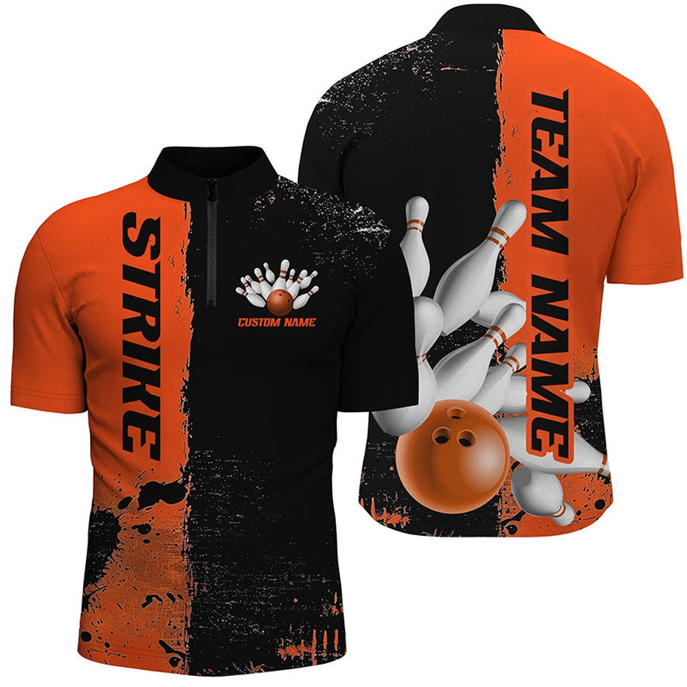 Custom Bowling Polo Shirts, Black And Orange Strike Bowling Team Shirts For Men And Women, Custom Bowling Jerseys For Bowlers