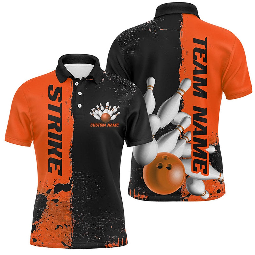 Custom Bowling Polo Shirts, Black And Orange Strike Bowling Team Shirts For Men And Women, Custom Bowling Jerseys For Bowlers