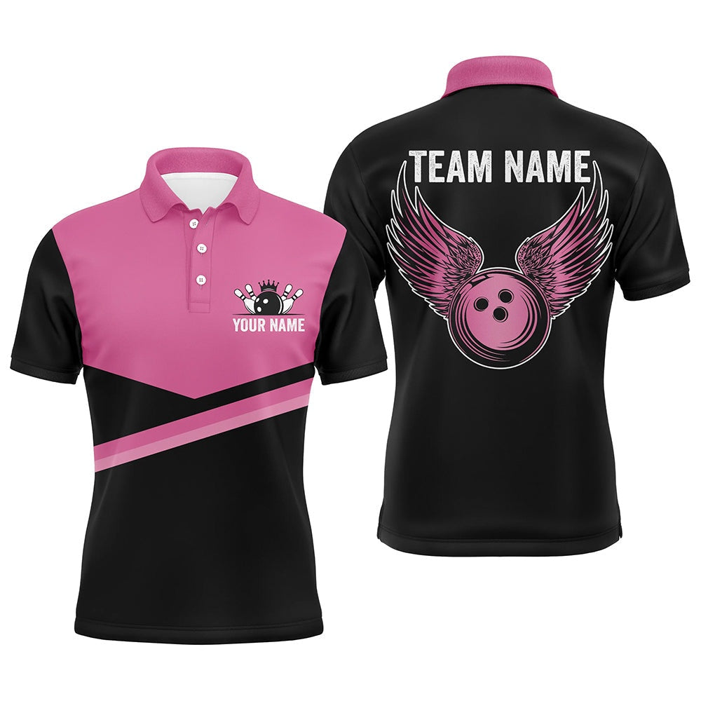 Custom Bowling Polo Shirts, Black And Pink Mens Bowling Polo Shirts Custom Team Bowling Jerseys, Gift For Bowlers