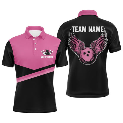 Custom Bowling Polo Shirts, Black And Pink Mens Bowling Polo Shirts Custom Team Bowling Jerseys, Gift For Bowlers