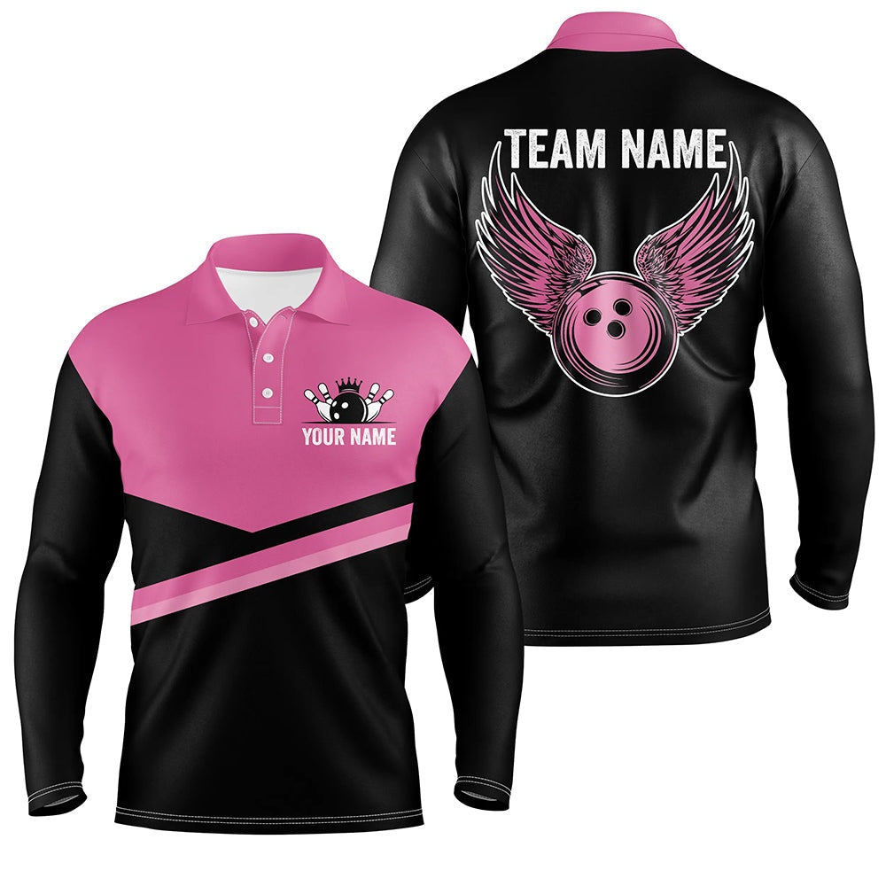 Custom Bowling Polo Shirts, Black And Pink Mens Bowling Polo Shirts Custom Team Bowling Jerseys, Gift For Bowlers