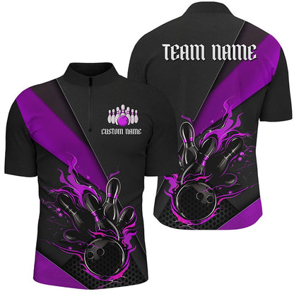 Custom Bowling Polo Shirts, Black And Purple Custom Name Bowling Tournament Jerseys For Men And Women, Bowling Team Shirts
