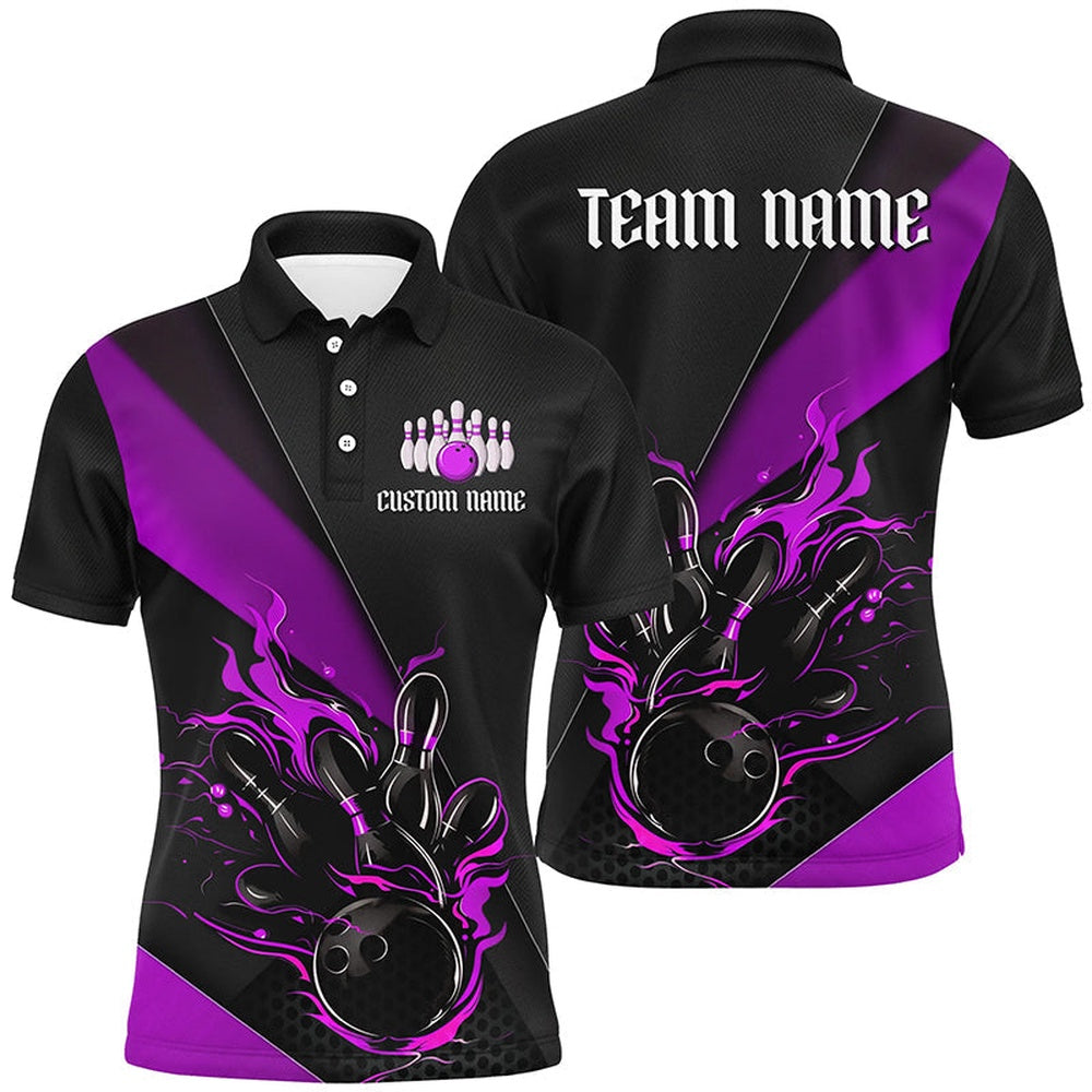 Custom Bowling Polo Shirts, Black And Purple Custom Name Bowling Tournament Jerseys For Men And Women, Bowling Team Shirts