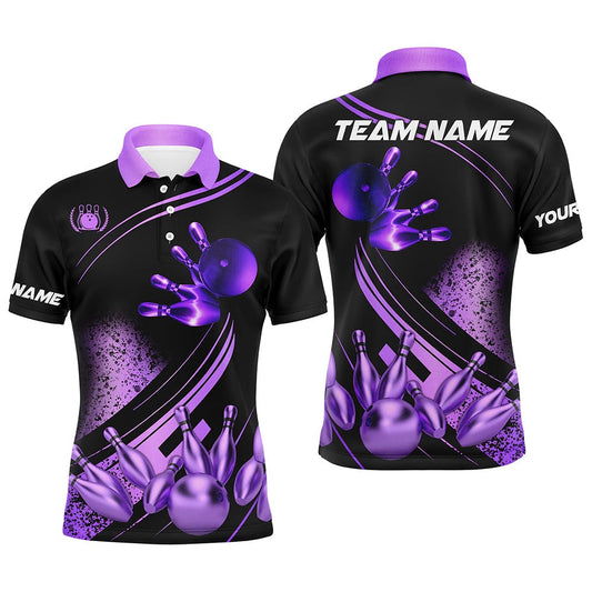 Custom Bowling Polo Shirts, Black And Purple Mens Bowling Shirts Custom Bowling Apparel Team Bowling Jerseys