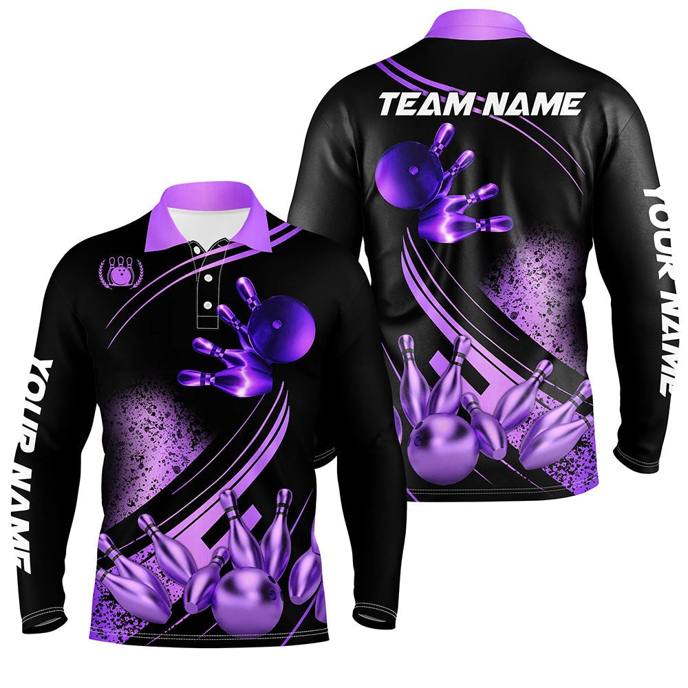 Custom Bowling Polo Shirts, Black And Purple Mens Bowling Shirts Custom Bowling Apparel Team Bowling Jerseys