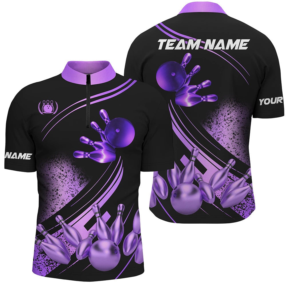 Custom Bowling Polo Shirts, Black And Purple Mens Bowling Shirts Custom Bowling Apparel Team Bowling Jerseys