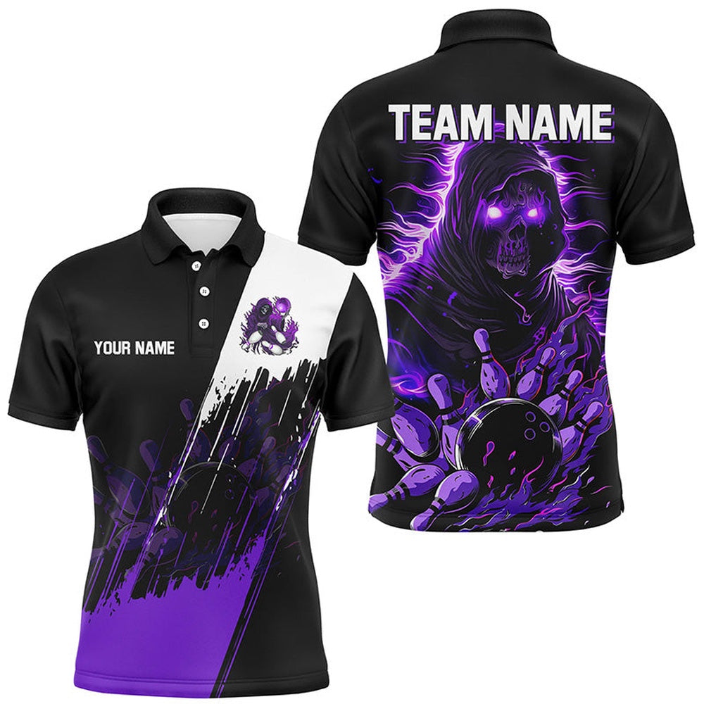 Custom Bowling Polo Shirts, Black And Purple Skull Reaper Bowling Jerseys Polo, Zip Shirt For Men Custom Bowling Team Shirts