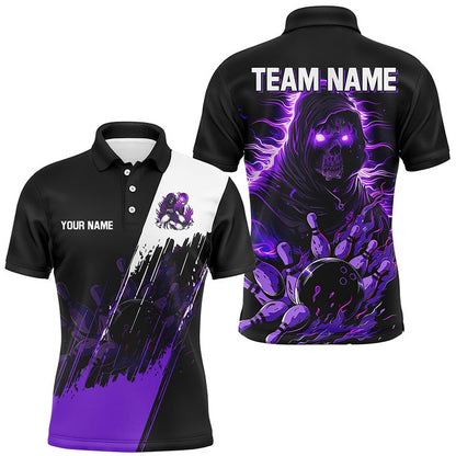 Custom Bowling Polo Shirts, Black And Purple Skull Reaper Bowling Jerseys Polo, Zip Shirt For Men Custom Bowling Team Shirts