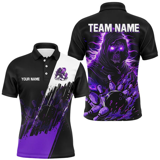 Custom Bowling Polo Shirts, Black And Purple Skull Reaper Bowling Jerseys Polo, Zip Shirt For Men Custom Bowling Team Shirts