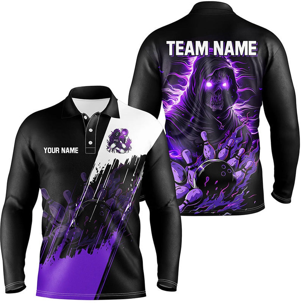 Custom Bowling Polo Shirts, Black And Purple Skull Reaper Bowling Jerseys Polo, Zip Shirt For Men Custom Bowling Team Shirts