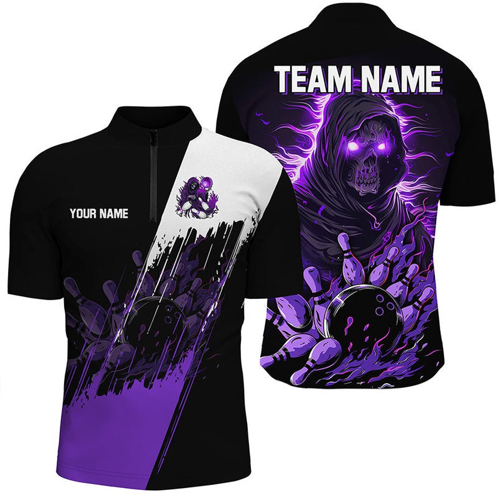 Custom Bowling Polo Shirts, Black And Purple Skull Reaper Bowling Jerseys Polo, Zip Shirt For Men Custom Bowling Team Shirts