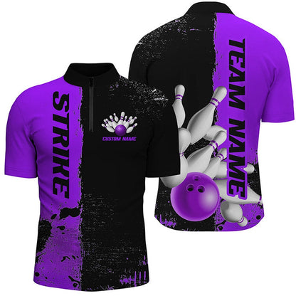 Custom Bowling Polo Shirts, Black And Purple Strike Bowling Team Shirts For Men And Women, Custom Bowling Jerseys For Bowlers