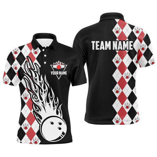 Custom Bowling Polo Shirts, Black And Red Argyle Pattern Bowling Fire Polo Shirt For Men Custom Bowling Team League Jerseys