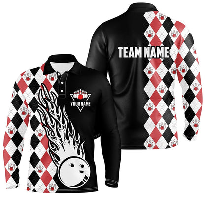 Custom Bowling Polo Shirts, Black And Red Argyle Pattern Bowling Fire Polo Shirt For Men Custom Bowling Team League Jerseys