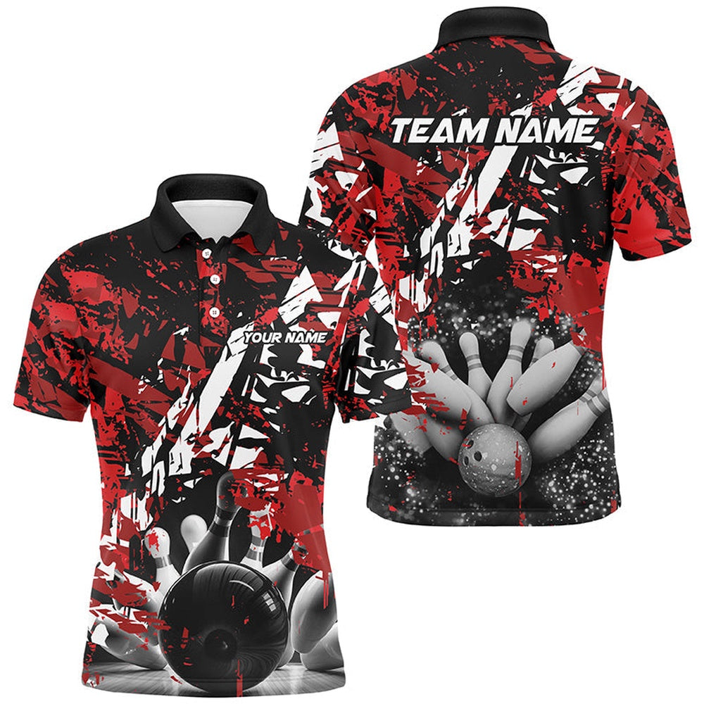Custom Bowling Polo Shirts, Black And Red Camo Bowling Ball And Pins Custom Men Bowling Polo Shirts, Team Bowling Jerseys