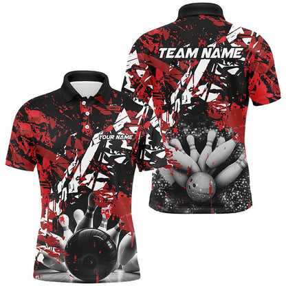 Custom Bowling Polo Shirts, Black And Red Camo Bowling Ball And Pins Custom Men Bowling Polo Shirts, Team Bowling Jerseys