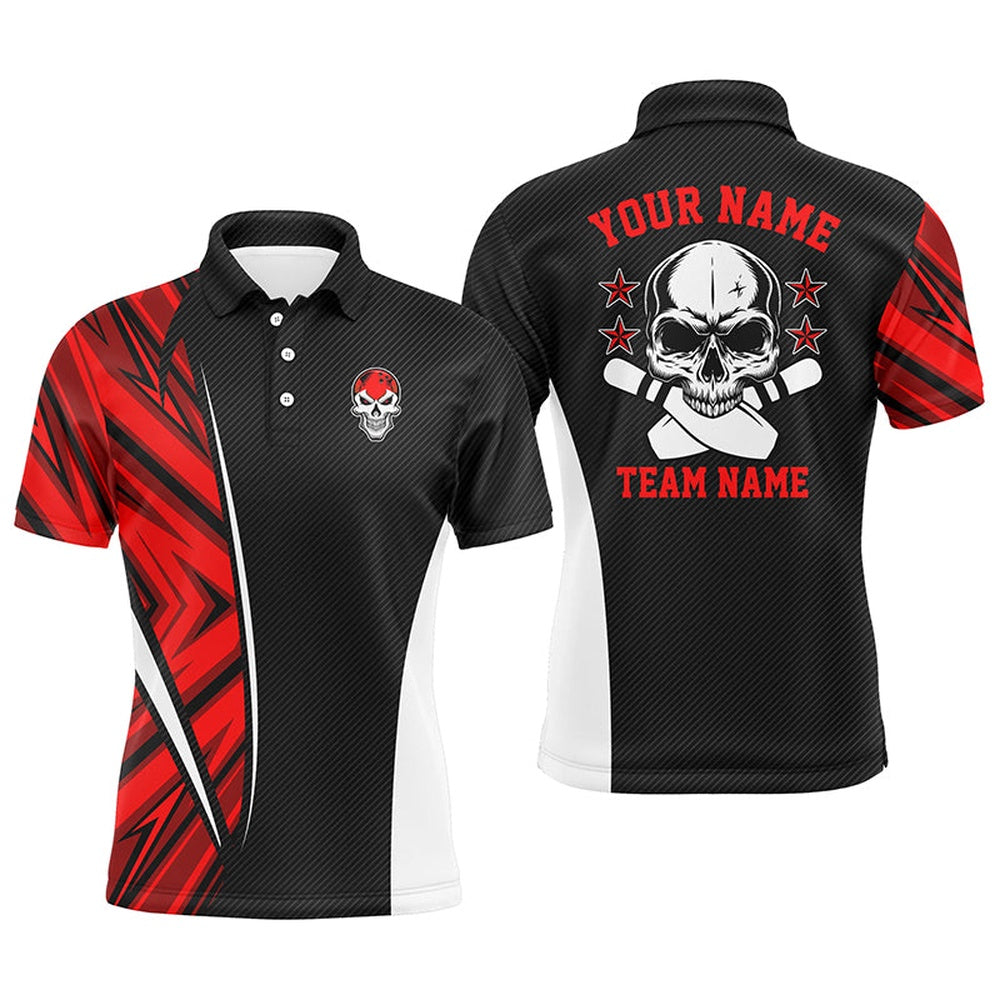 Custom Bowling Polo Shirts, Black And Red Camo Custom Camo Bowling Polo Shirts For Men, Team Skull Bowling Jerseys